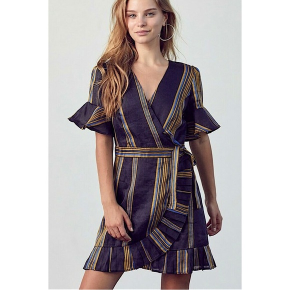 Honey Punch Linen Black Striped Ruffled Mini Wrap Dress Puff Sleeve NWT Boho S - Picture 5 of 16